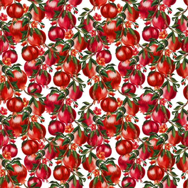 Hand painting seamless repeat pattern background inspired pomegranate plants flower blooming watercolor illustration