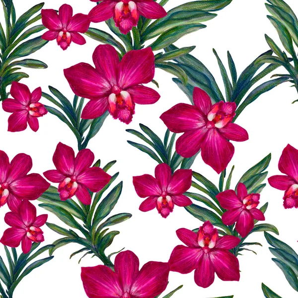 Ορχιδέα Ροζ Λουλούδια Φύλλα Κλαδιά Φυλλώματα Floral Αρχαία Απρόσκοπτη Μοτίβο — Φωτογραφία Αρχείου