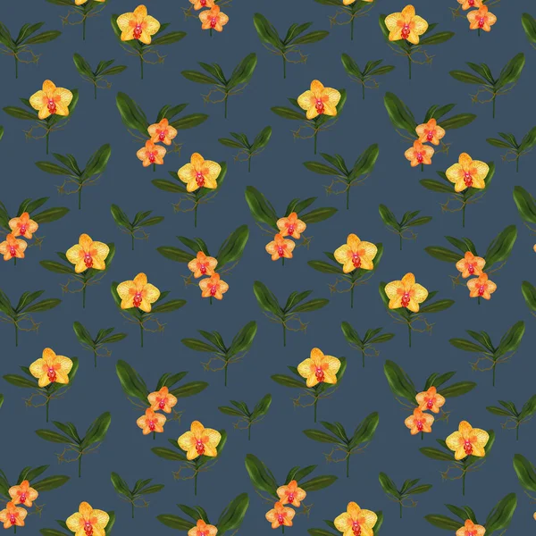 Квіти Орхідей Листя Гілки Листя Квітковий Стародавній Безшовний Візерунок Ілюстрація — стокове фото