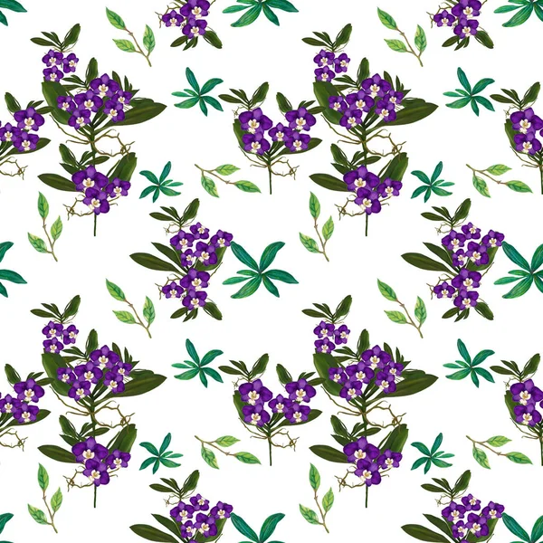 Orchid Flowers Leaves Branches Foliage Floral Ancient Seamless Pattern Illustration — Stock fotografie