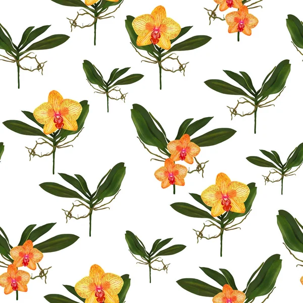 Orchid yellow peach flowers, leaves, branches foliage Floral ancient seamless pattern. illustration watercolor hand paint For design textiles, paper, wallpaper, backdrop