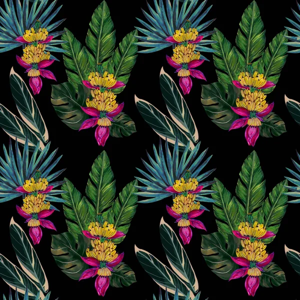 Ботаническая Акварельная Гуашь Иллюстрация Тропические Леса Бесшовные Повторяющиеся Паттерны Текстильной — стоковое фото