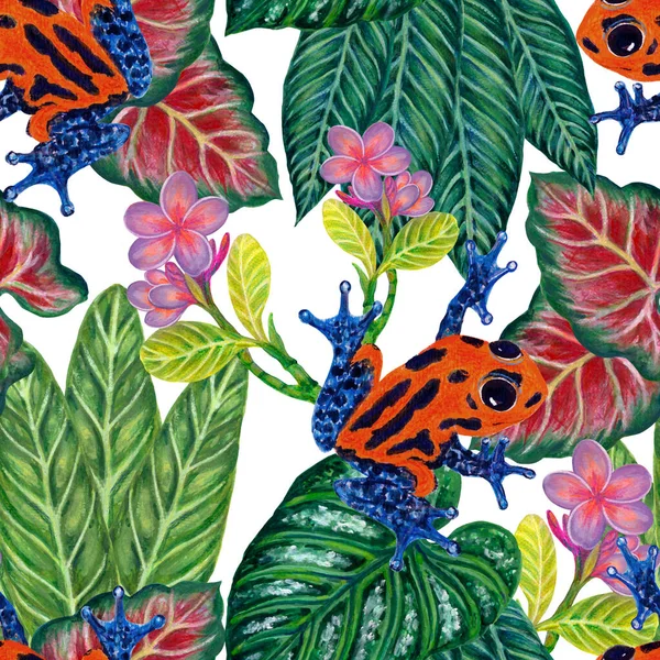 Watercolor Gouache Summer Beach Jungle Seamless Pattern Tree Leaf Fruit — Stock Fotó