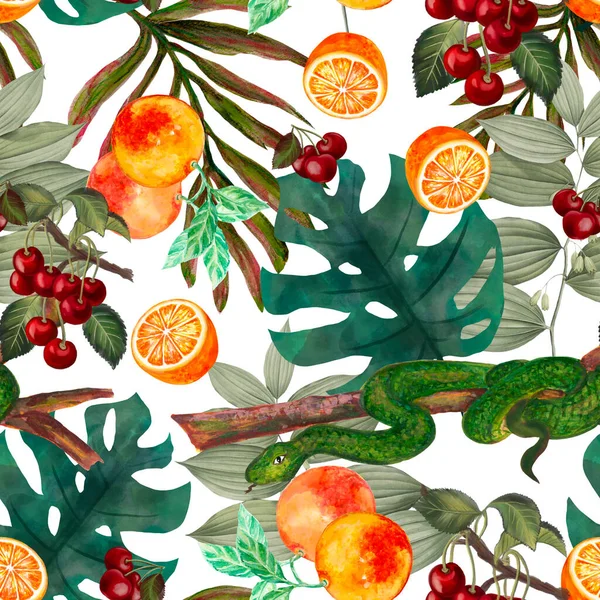 Snake Fruit Plants Foliage Monstera Leaf Seamless Pattern Illustration — Stok fotoğraf