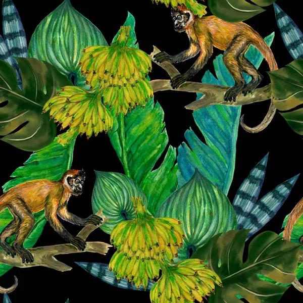 Watercolor Tropical Wildlife Monkey Banana Seamless Pattern Hand Drawn Jungle — Fotografia de Stock