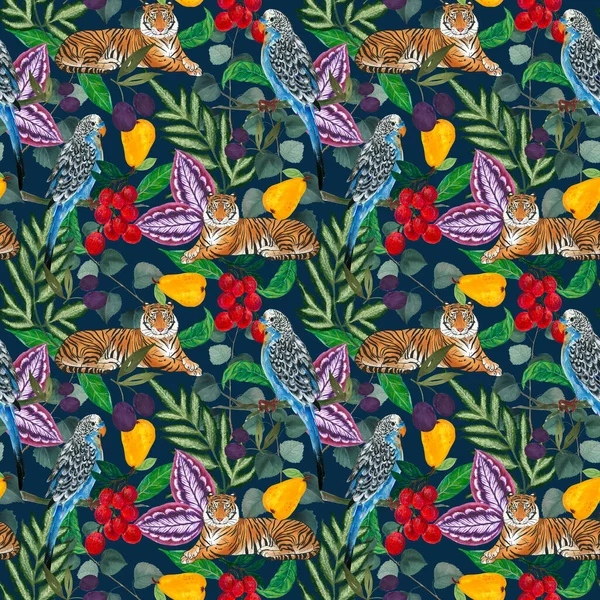 Parakeet Bird Tiger Animal Fruit Plants Foliage Leaf Seamless Pattern — Fotografia de Stock