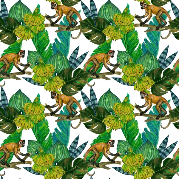 Watercolor Tropical Wildlife Monkey Banana Seamless Pattern Hand Drawn Jungle — Fotografia de Stock