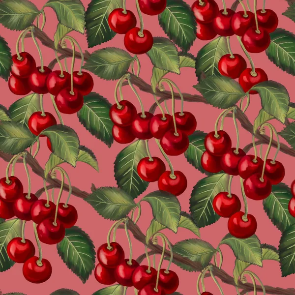 Cherry fruit sweet and sour cherry ripe Cherries with foliage leaves digital hand painting seamless pattern background