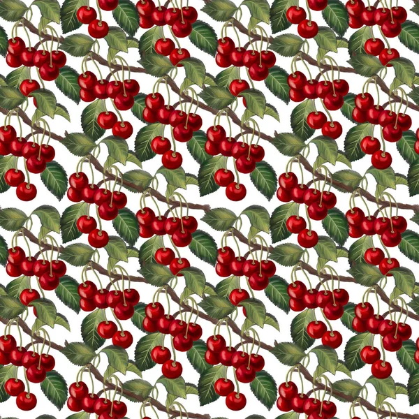 Cherry fruit sweet and sour cherry ripe Cherries with foliage leaves digital hand painting seamless pattern background