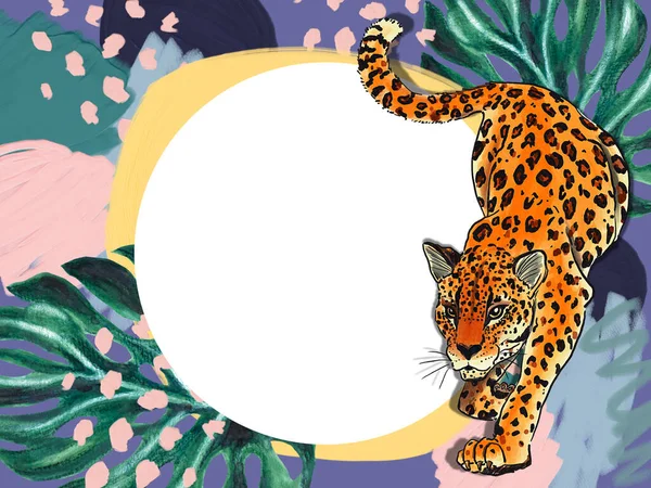 Greeting Invitation Card Template Realistic Leopard Tropical Leaf Exotic Jungle — Stockfoto