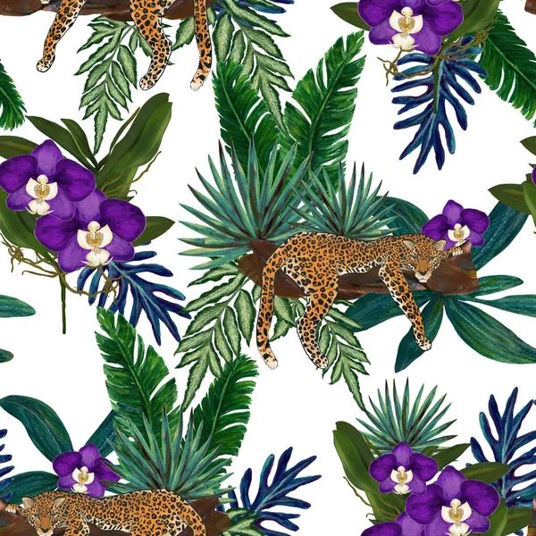 Jungle, animals exotic illustrations of tiger leopard, palm leaves, banana leaves, tropical leaves, orchid purple violet color and branch foliage Drawings for print, fashion background 