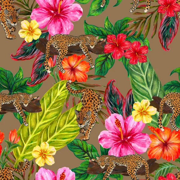 Jungle, animals exotic illustrations of tiger leopard, palm leaves, banana leaves, tropical leaves, hibiscus flowers and branch foliage Drawings for print, poster, background and cover