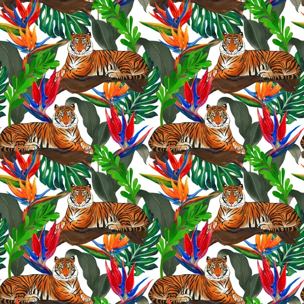 Watercolor Tropical Seamless Pattern Bird Paradise Monstera Leaves Foliage Wild — Stock Fotó