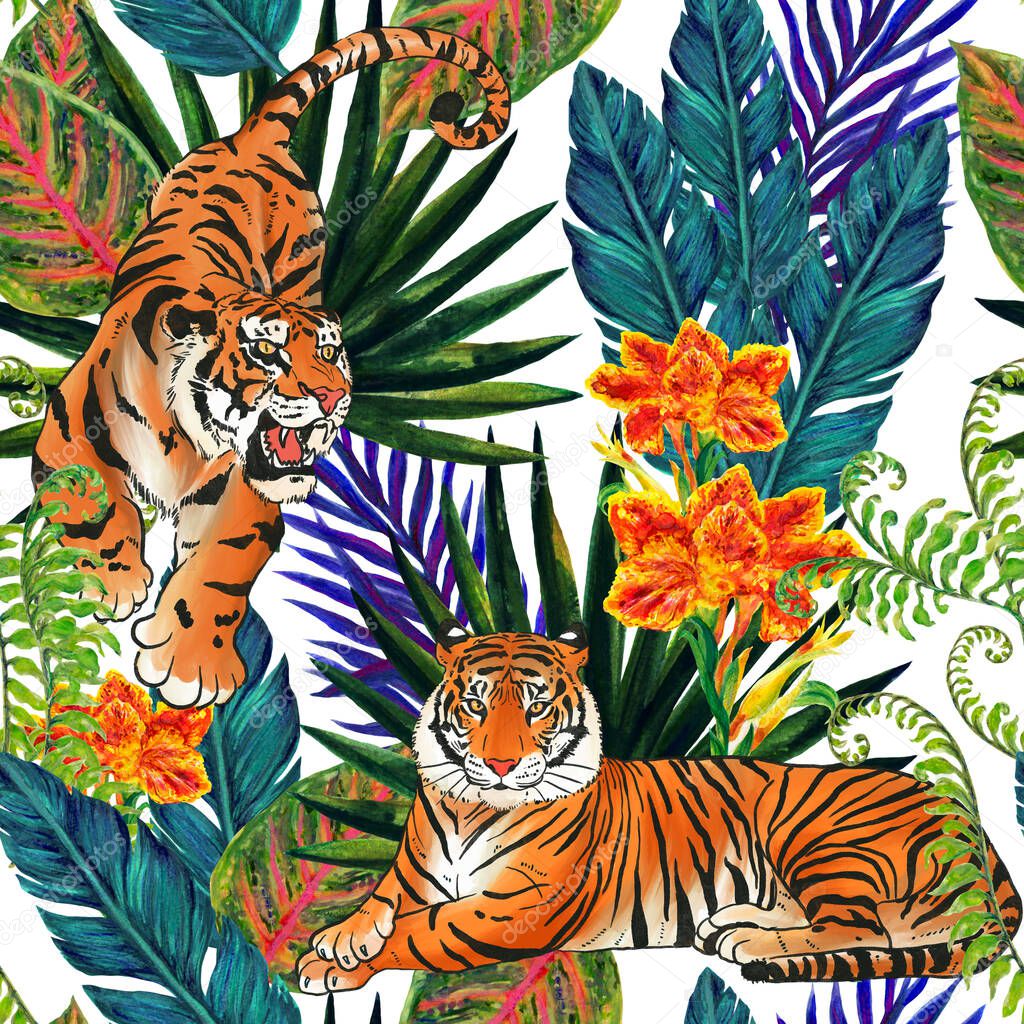 Watercolor tropical seamless pattern. Canna flower, palm, fern, banana leaves foliage and wild animals tiger texture for print wrapping fabric