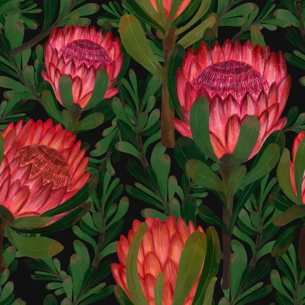 Листя Квітки Протей Ботанічно Квітучий Цифровий Малюнок Безшовний Візерунок Тканинної — стокове фото