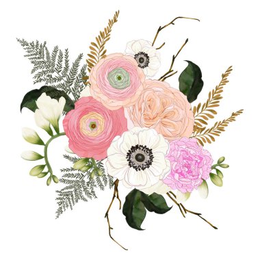 Set of compositions bouquet from botanical Pink Green White and Champange color delicate Anemne, Freesia, Wileflower, Ranunculus, David Austin Rose, Peonies foliage on a white Background