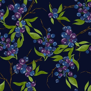 Beautiful illustration pattern foliage and fruit and leaf.  Blueberry bouquet botanical seamless repeat pattern texture background fashion prints hand painting