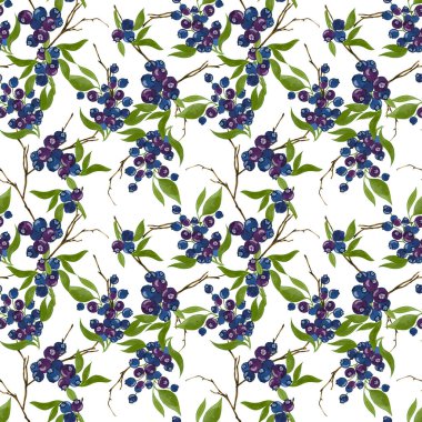 Beautiful illustration pattern foliage and fruit and leaf.  Blueberry bouquet botanical seamless repeat pattern texture background fashion prints hand painting