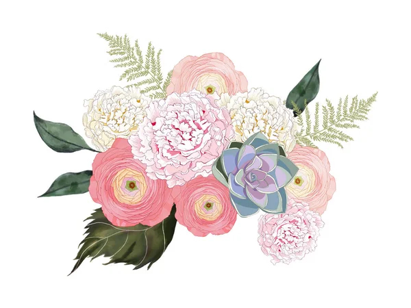 Set Compositions Bouquet Botanical Succulent Flowers White Pink Peach Delicate —  Fotos de Stock
