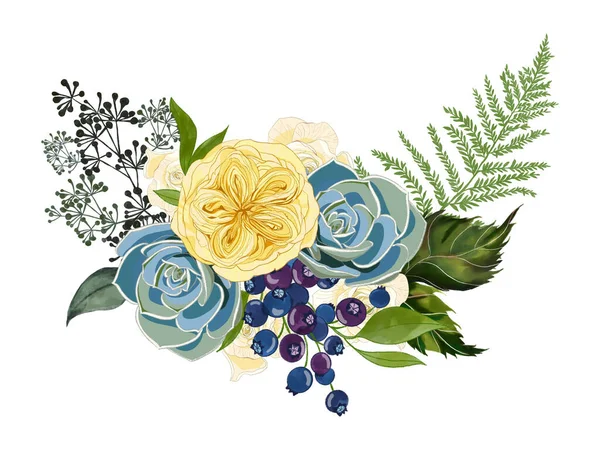 Набір Композицій Ботанічних Квітів Blue Violet Yellow Delicate Roses Succulent — стокове фото