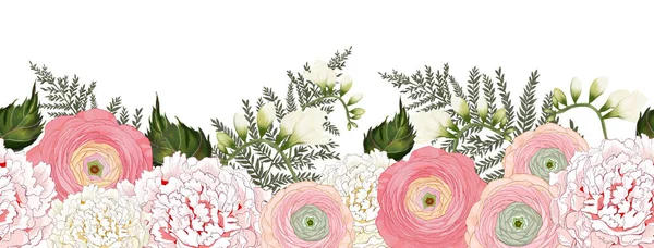 Beautiful Illustration Floral Pattern Many Kind Flowers Blooming Ranunculus Peonies — Foto Stock