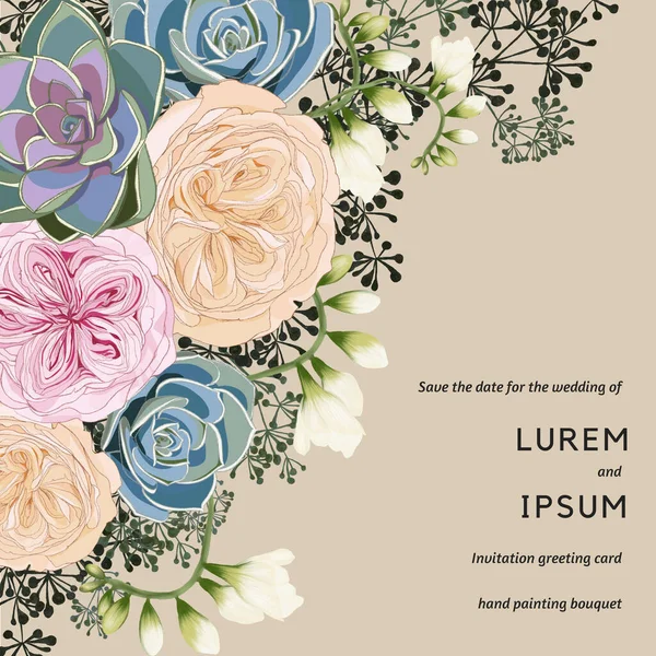 Illusutation Template Wedding Invitation English Roses Freesia Succulents Plants Invitation —  Fotos de Stock