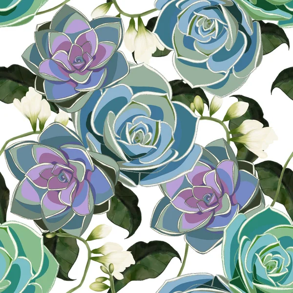 Beautiful Illustration Floral Pattern Many Kind Flowers Cactus Succulent Botanical — Stock Photo, Image