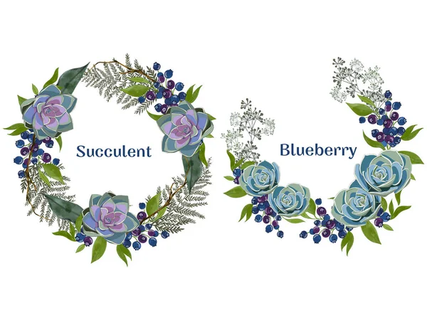 Wedding Invitation Frame Wreath Set Cactus Succulent Blueberry Bouquet Leaves — Fotografia de Stock