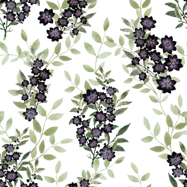 Watercolor Illustration Botanical Black Flower Blooming Foliage Seamless Repeat Pattern — Fotografia de Stock