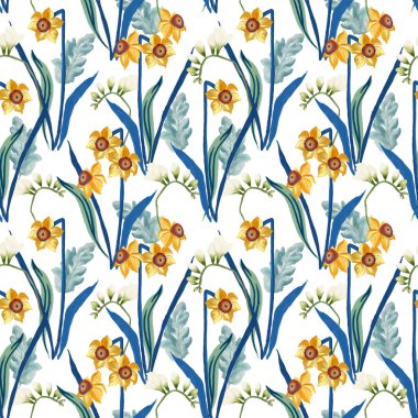 Hand-painted watercolor daffodils freesia and leaf repeat seamless pattern 