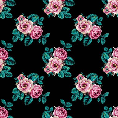 Watercolor illustration Botanical Pink flower rose anemone peony blooming foliage seamless repeat pattern hand painted