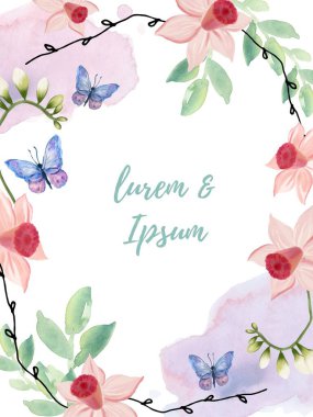 Floral illustrations garden flowers butterfly freesia and Pink daffodils bouquet Clip art for bright festive greeting