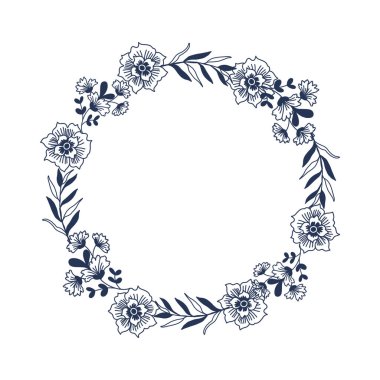 Digital clipart flower  Botanical blooming outline wreath  frame invitation label greetings hand painted on white background