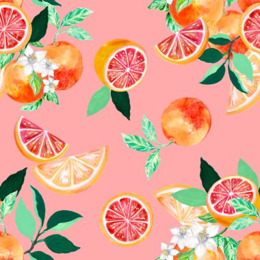 Seamless citrus repeat pattern background Hand drawn illustration with Grapefruit tree foliage blossom and leaf watercolor
