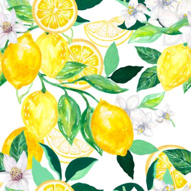 Seamless citrus repeat pattern background Hand drawn illustration with lemons tree foliage blossom and leaf watercolor