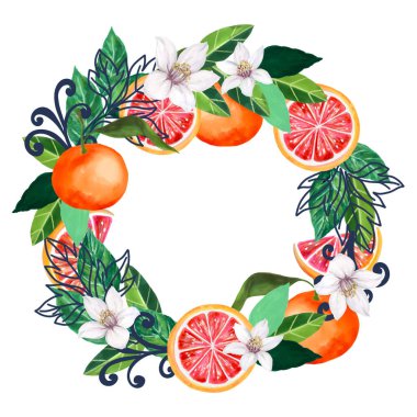 Blue foliage leaf orange grapefruit blossom and leaves design for bridal party frame wreath bouquet border invitation illustration hand painting