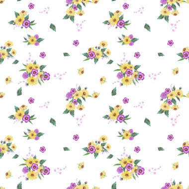 Hand painting seamless repeat background pattern inspired by bouquet yellow and purple flower watercolor illustration