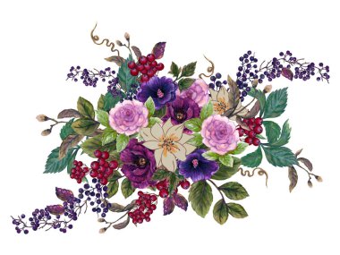 Flower Bouquet floral bunch, boho design object, element peonies magnolia rose flowers, berry coffee tree leaves  herb rustic floral elegant wedding card