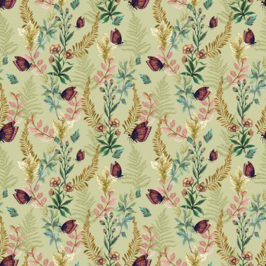 Watercolor fall autumn Butterfly foliage willd field and colorful leaf hand drawn floral illustration seamless pattern repeat background for interior decor print