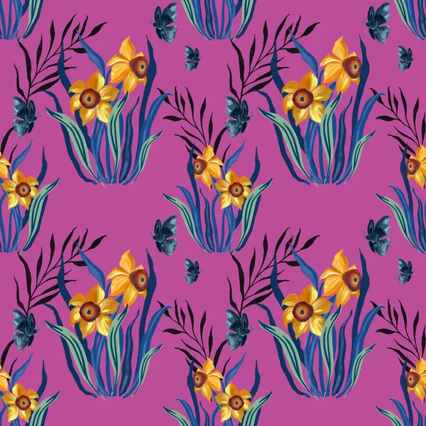 Hand Painted Watercolor Butterfly Daffodils Seamless Repeat Pattern — Stock Fotó