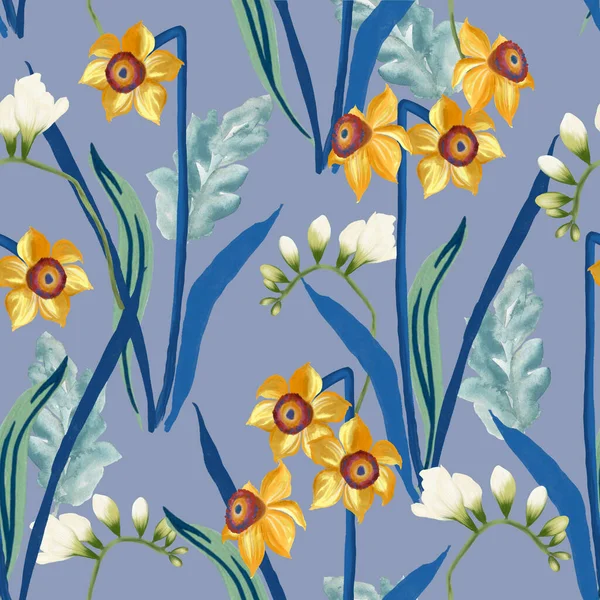 Hand Painted Watercolor Daffodils Freesia Leaf Repeat Seamless Pattern — Stockfoto