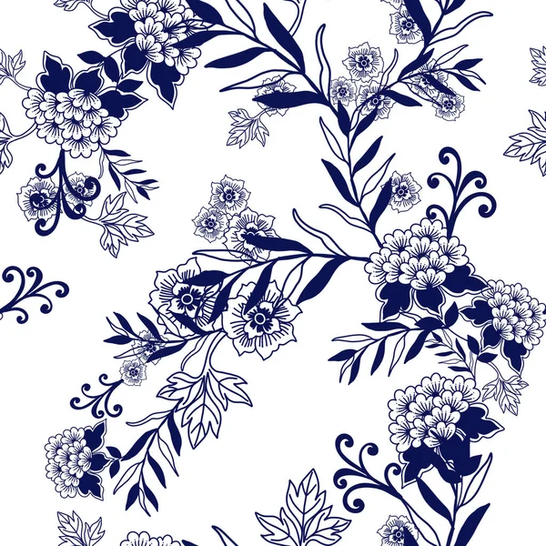 Blue White Porcelain Motifs Exotic Traditional Oriental Flower Seamless Repeat — Zdjęcie stockowe