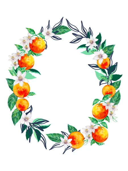 Hand Drawn Bouquets Wreath Compositions Blooming Orange Grapefruits Tree Blue — Zdjęcie stockowe