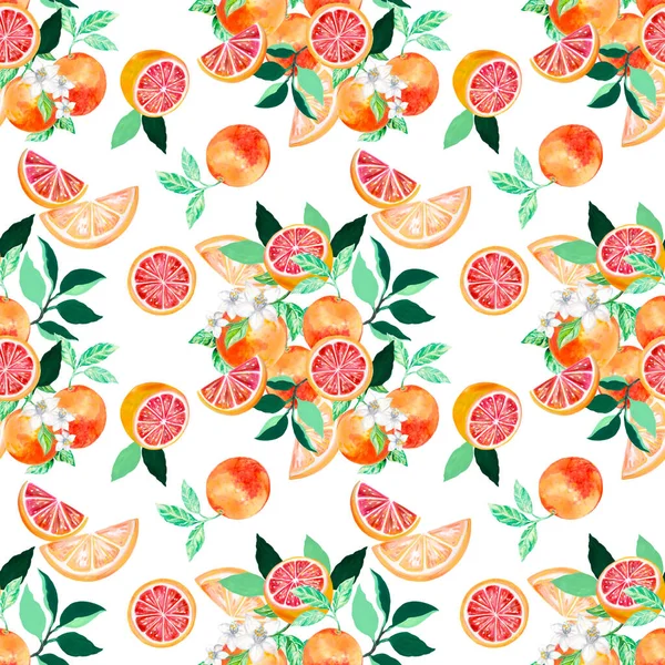 Seamless citrus repeat pattern background Hand drawn illustration with Grapefruit tree foliage blossom and leaf watercolor