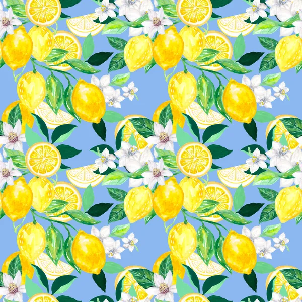 Seamless citrus repeat pattern background Hand drawn illustration with lemons tree foliage blossom and leaf watercolor