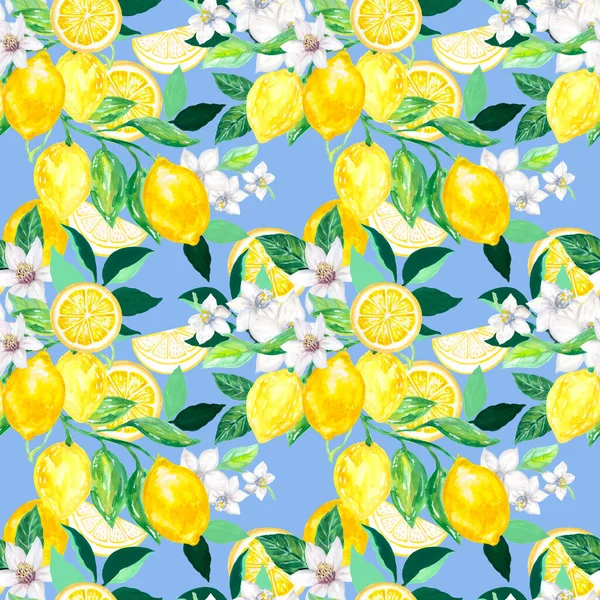 Seamless citrus repeat pattern background Hand drawn illustration with lemons tree foliage blossom and leaf watercolor