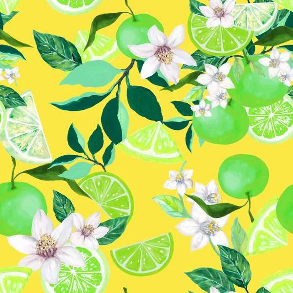 Tropical summer fruit seamless pattern Citrus Blossom tree in hand drawn for fabric fashion design with oranges, lemons, lime and flowers