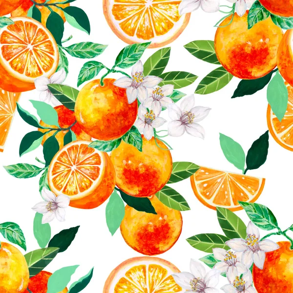 Tropical Summer Fruit Seamless Pattern Citrus Blossom Tree Hand Drawn — ストック写真