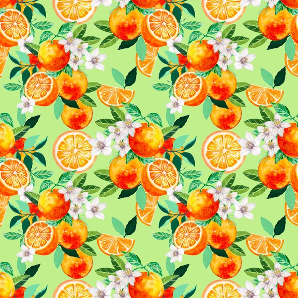 Tropical Summer Fruit Seamless Pattern Citrus Blossom Tree Hand Drawn — Fotografia de Stock
