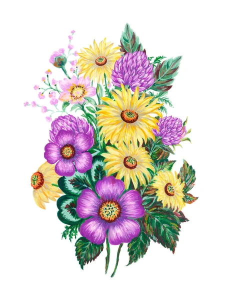 Watercolor beautiful elegant vintage spring summer flower blossom botanical yellow and purple pink bouquet hand painted on white